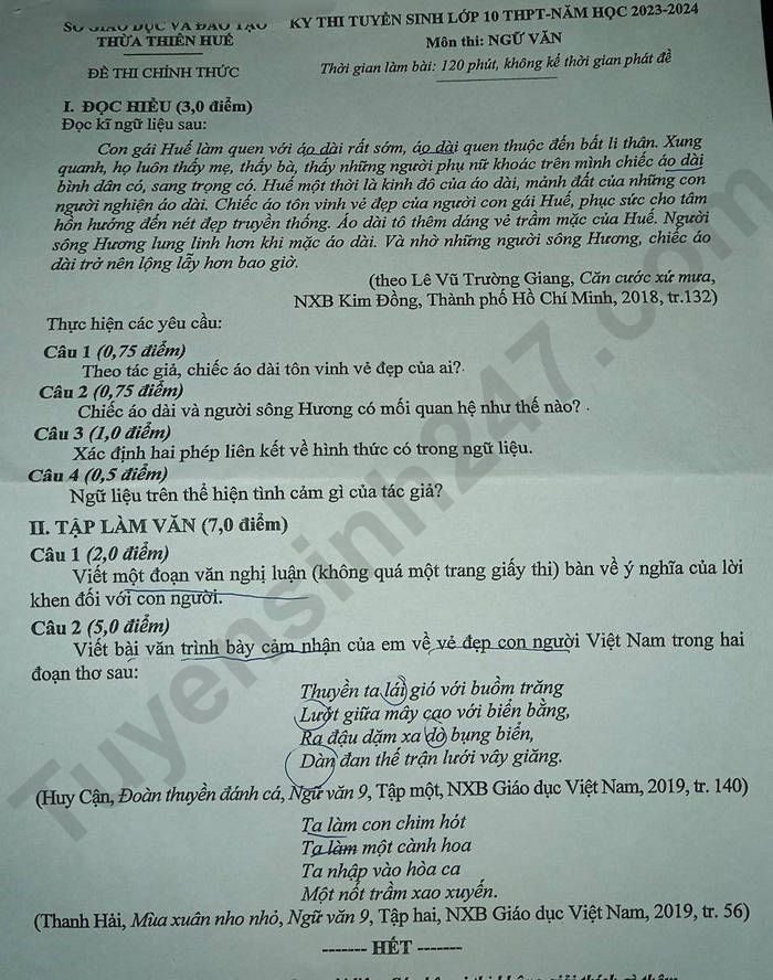 Đề thi chính thức vào 10 môn văn Thừa Thiên Huế năm 2023 có đáp án