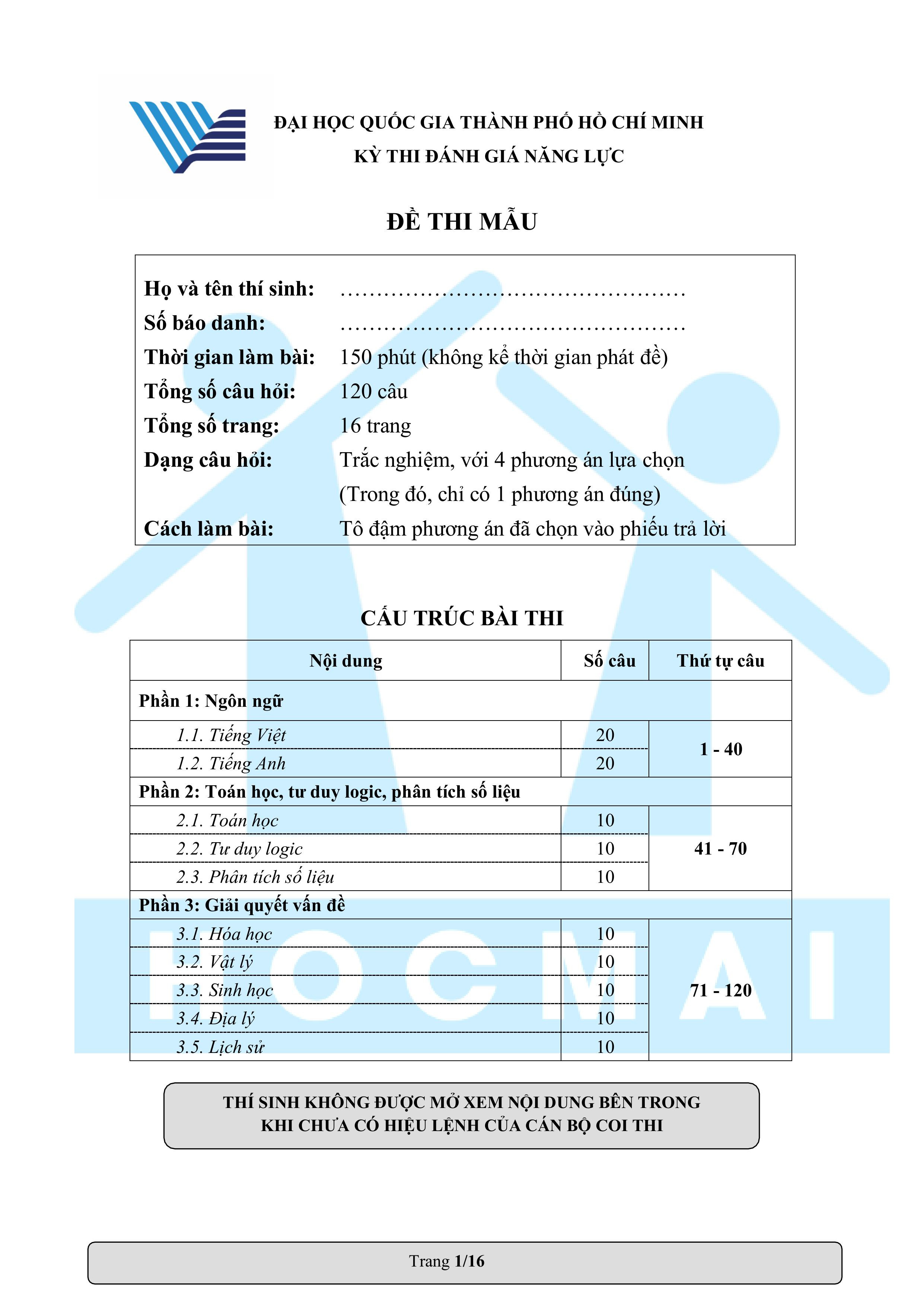 Đề thi mẫu đánh giá năng Đại học Quốc Gia Hồ Chí Minh năm 2022
