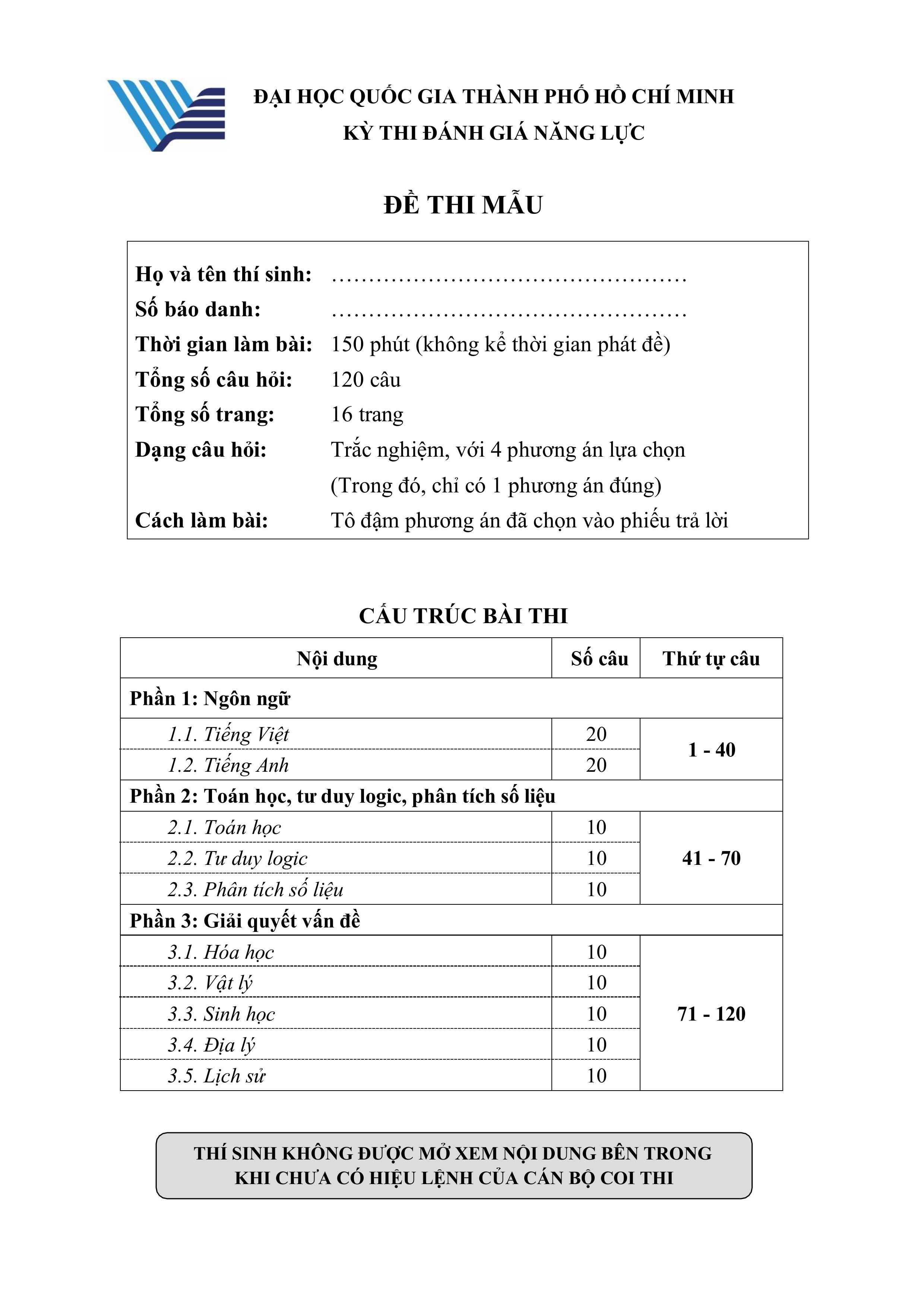 Đề thi mẫu đánh giá năng Đại học Quốc Gia Hồ Chí Minh năm 2023