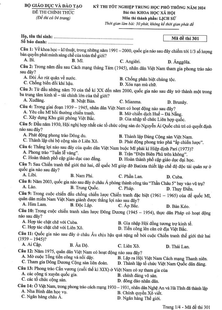 Đáp án đề thi môn Sử mã đề 301 - Tốt nghiệp THPT 2024