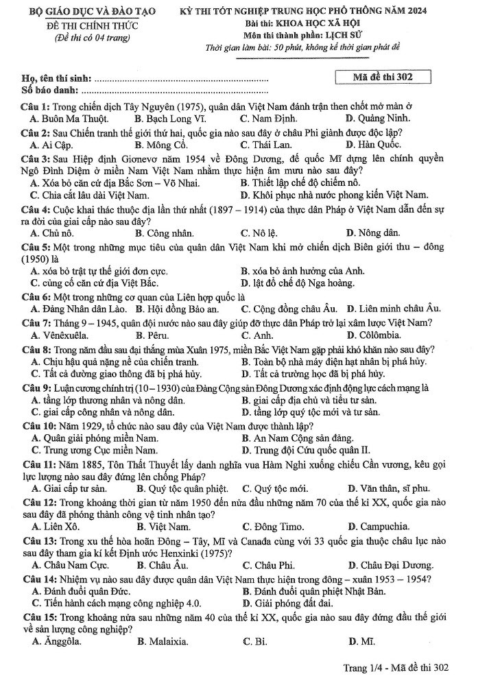 Đáp án đề thi môn Sử mã đề 302 - Tốt nghiệp THPT 2024