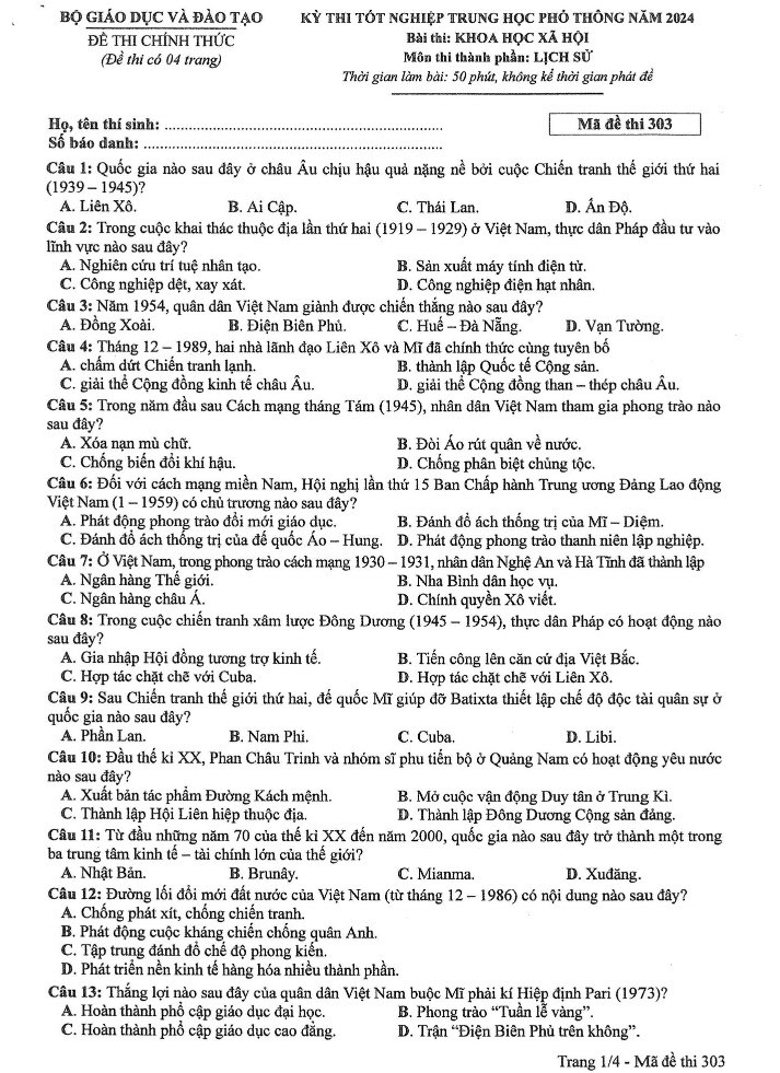 Đáp án đề thi môn Sử mã đề 303 - Tốt nghiệp THPT 2024