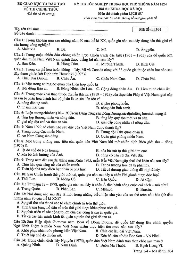 Đáp án đề thi môn Sử mã đề 304 - Tốt nghiệp THPT 2024