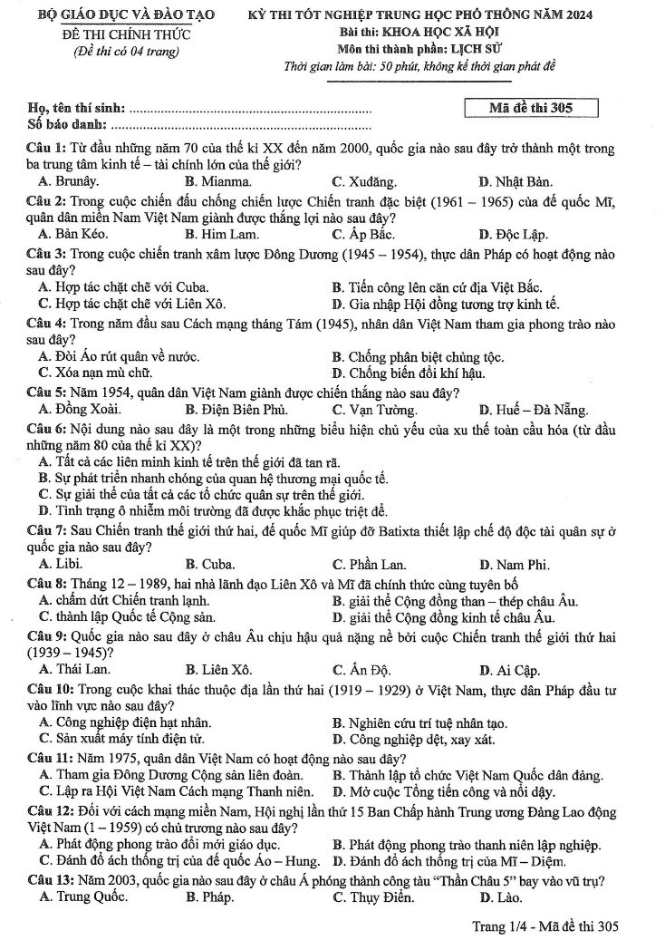 Đáp án đề thi môn Sử mã đề 305 - Tốt nghiệp THPT 2024