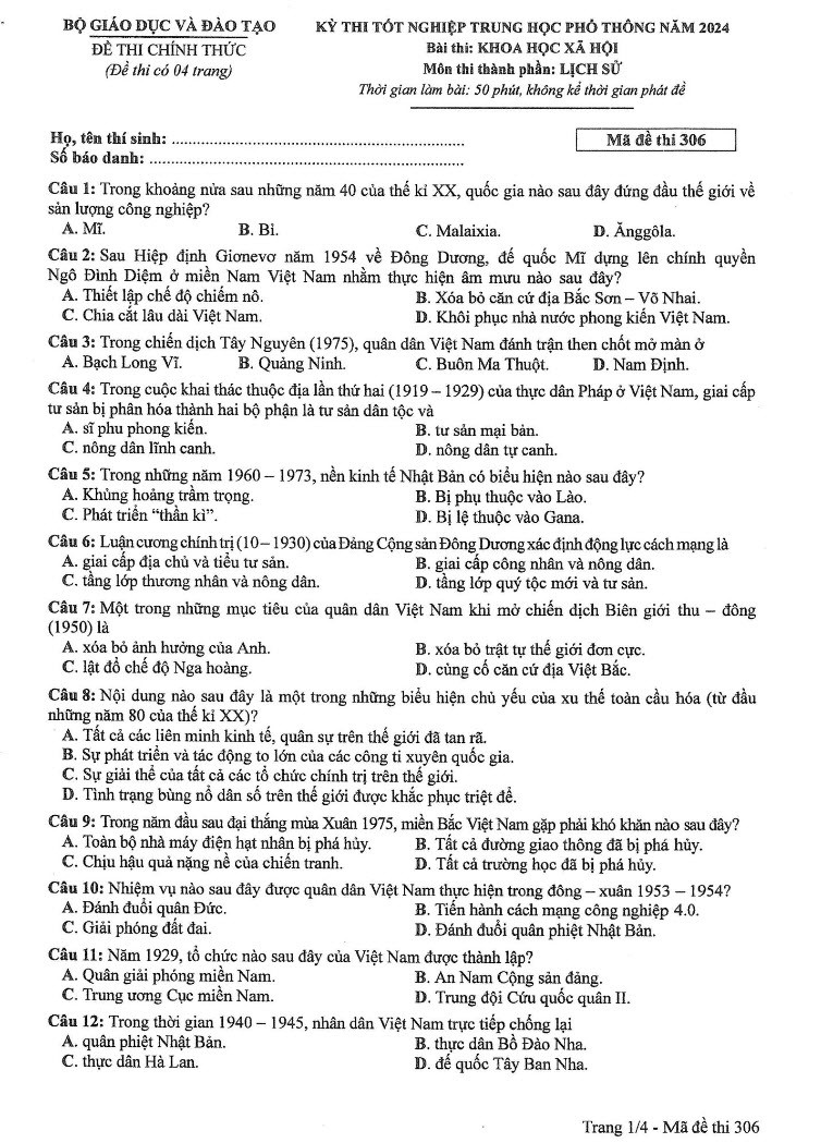 Đáp án đề thi môn Sử mã đề 306 - Tốt nghiệp THPT 2024