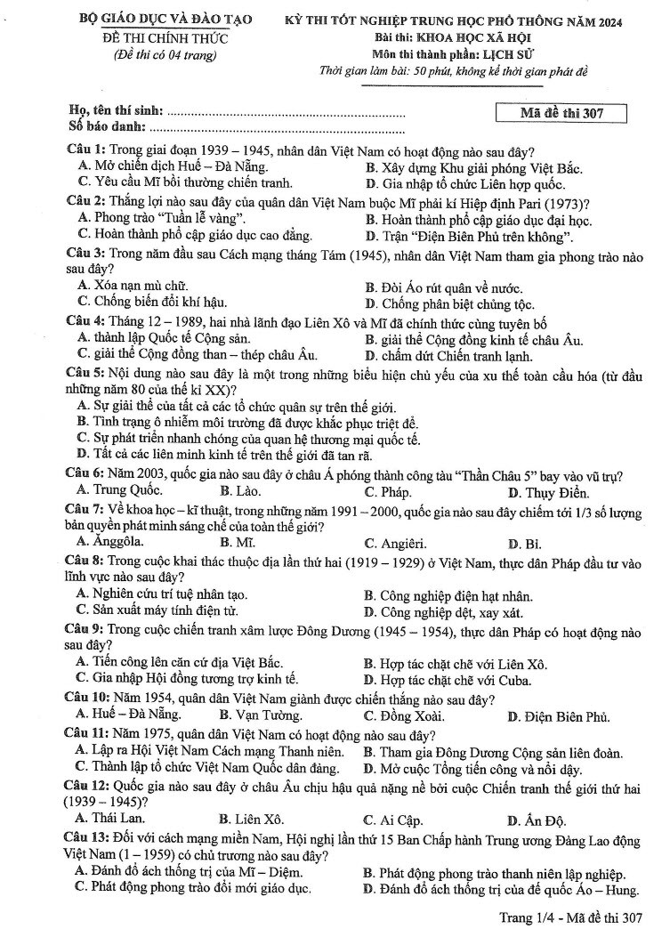 Đáp án đề thi môn Sử mã đề 307 - Tốt nghiệp THPT 2024