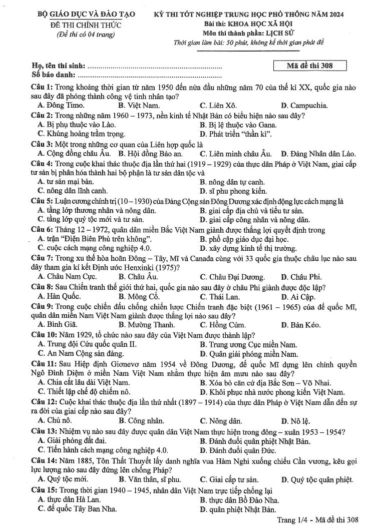 Đáp án đề thi môn Sử mã đề 308 - Tốt nghiệp THPT 2024