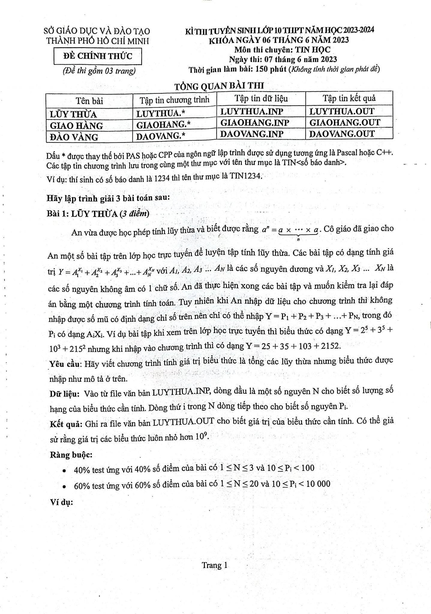 Đề thi vào 10 chuyên tin Sở GD HCM năm 2023 có đáp án