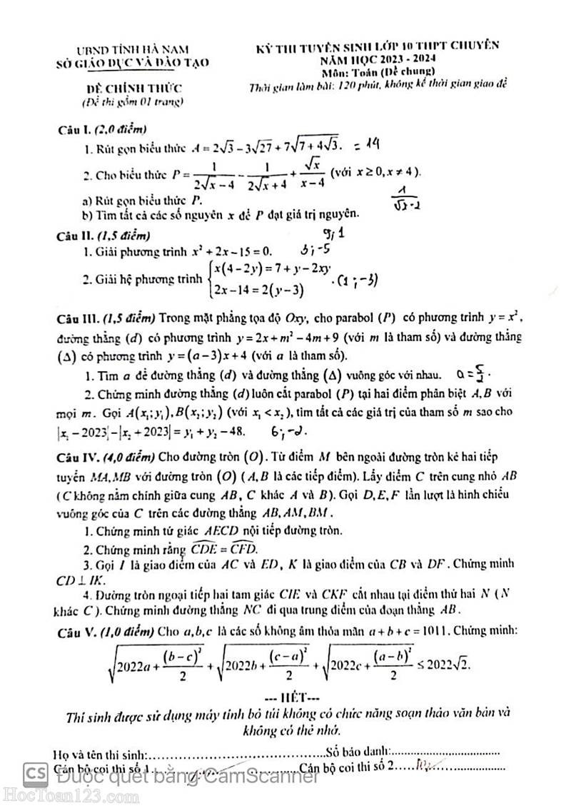 Đề thi vào 10 chuyên toán Sở GD ĐT Hà Nam năm 2023 có đáp án