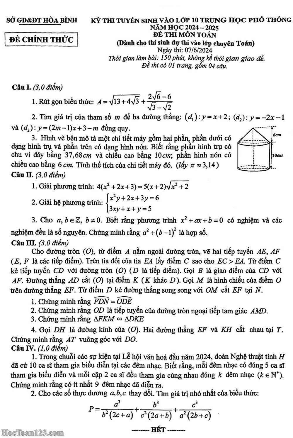 Đề thi vào 10 chuyên toán Sở GD ĐT Hòa Bình năm 2024 có đáp án
