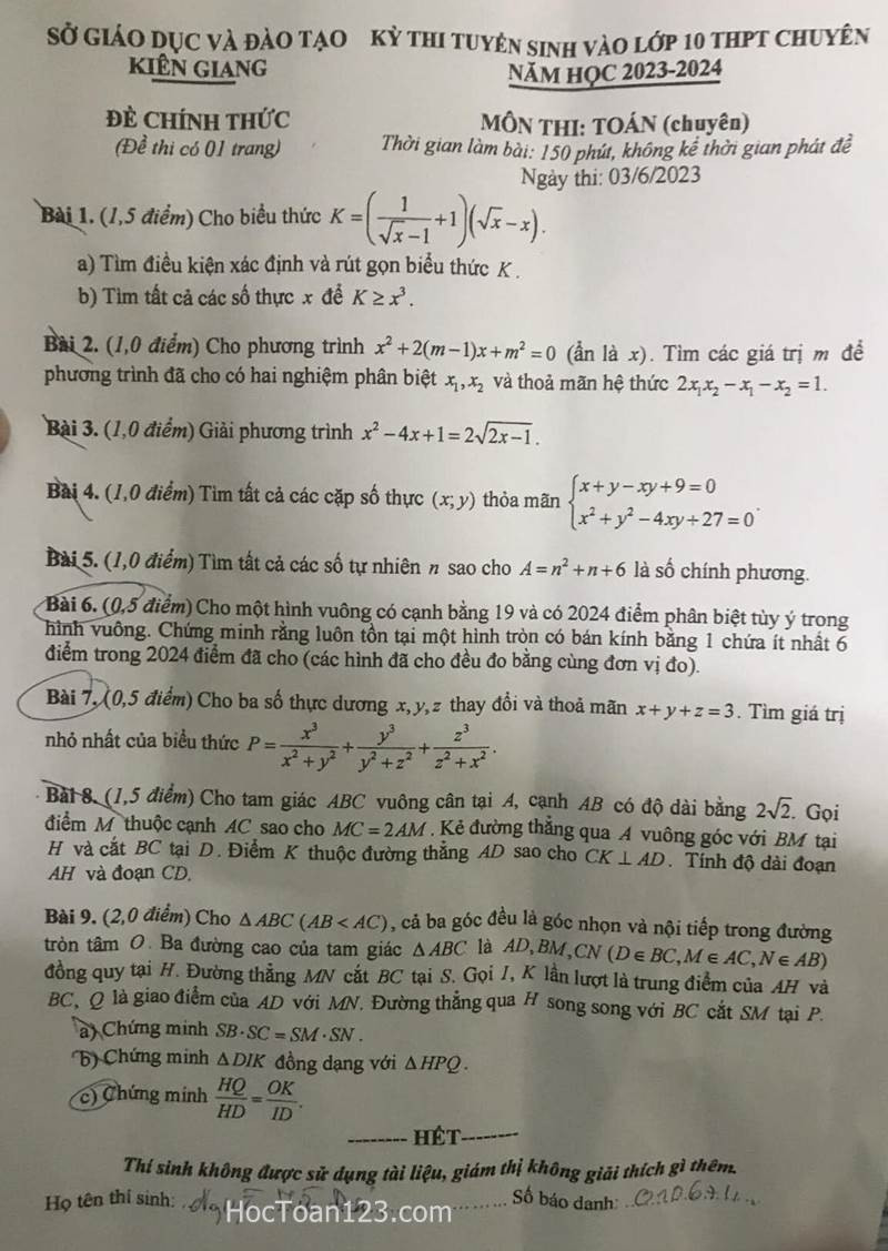 Đề thi vào 10 chuyên toán Sở GD ĐT Kiên Giang năm 2023 có đáp án