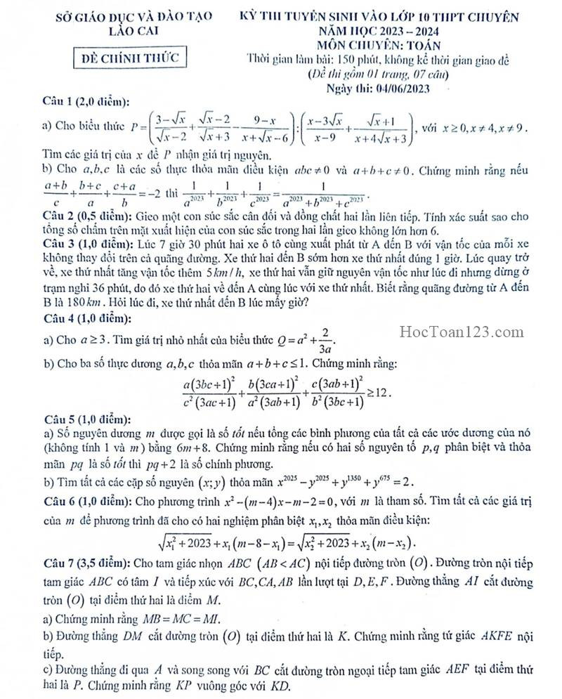 Đề thi vào 10 chuyên toán Sở GD ĐT Lào Cai năm 2023 có đáp án