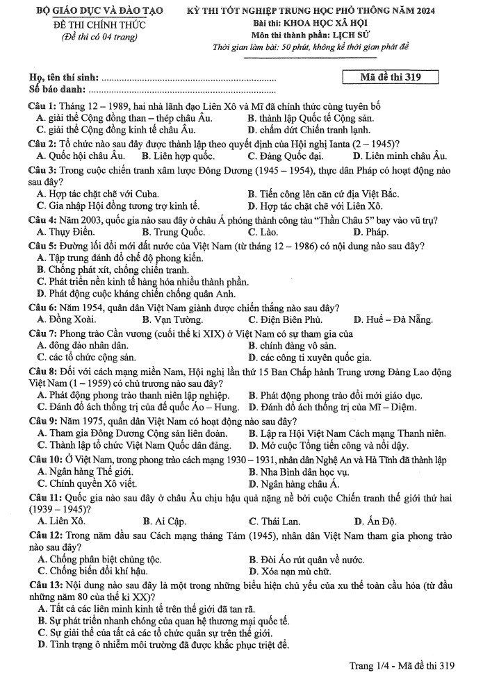 Đáp án đề thi môn Sử mã đề 319 - Tốt nghiệp THPT 2024