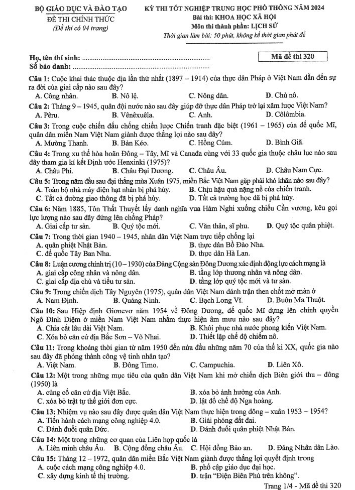 Đáp án đề thi môn Sử mã đề 320 - Tốt nghiệp THPT 2024