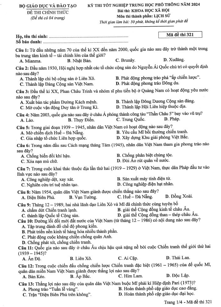 Đáp án đề thi môn Sử mã đề 321 - Tốt nghiệp THPT 2024