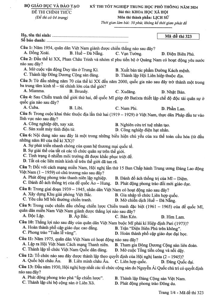 Đáp án đề thi môn Sử mã đề 323 - Tốt nghiệp THPT 2024