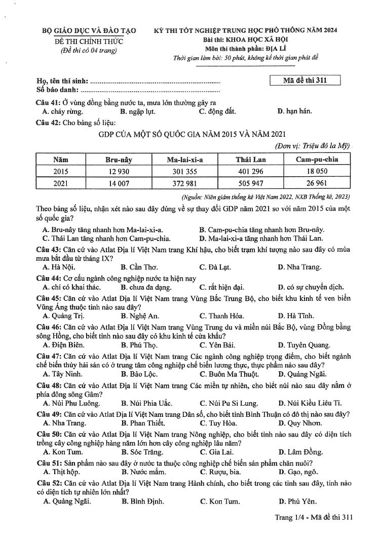 Đáp án đề thi môn Địa mã đề 311 - Tốt nghiệp THPT 2024