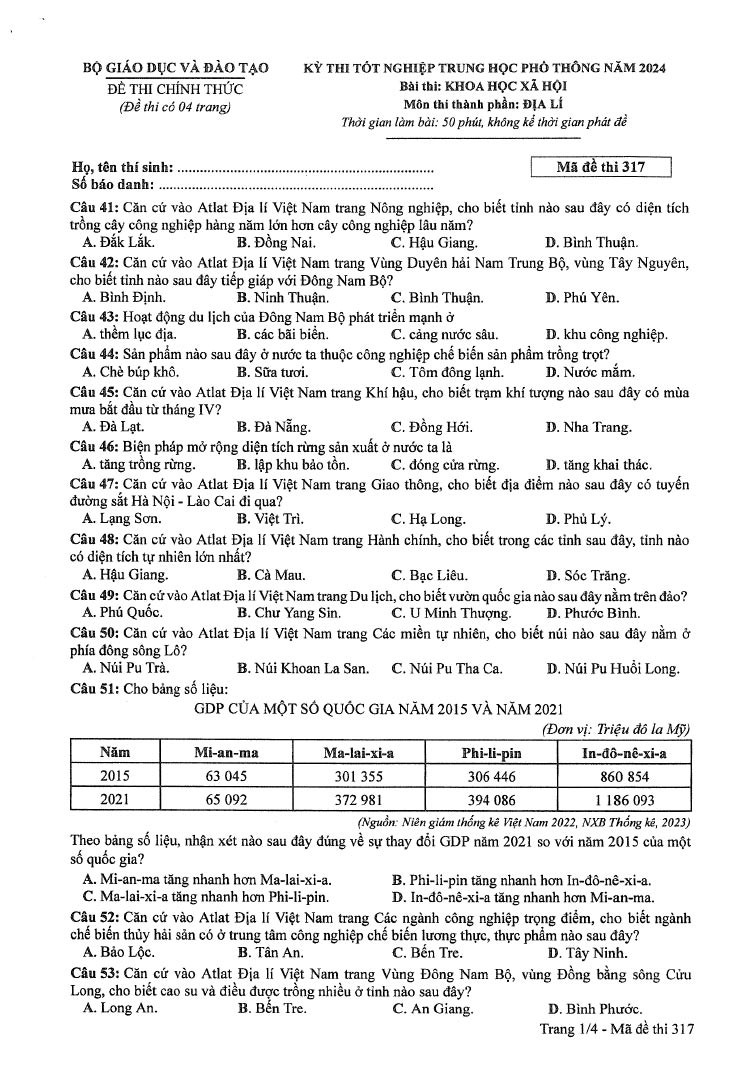 Đáp án đề thi môn Địa mã đề 317- Tốt nghiệp THPT 2024