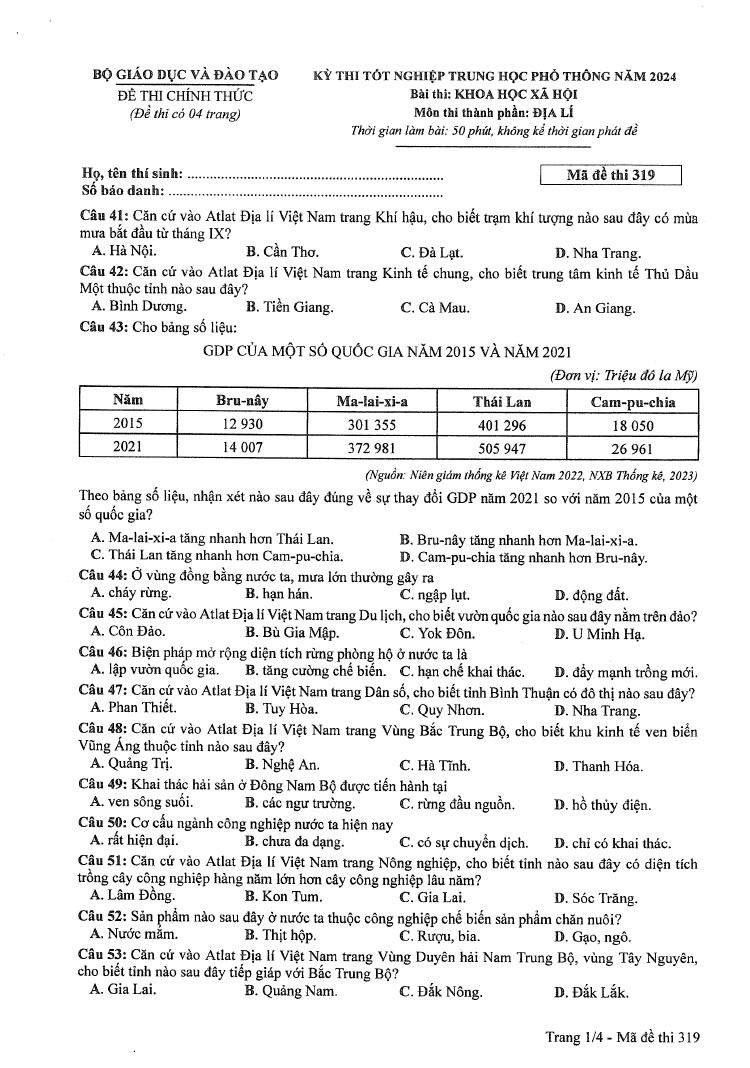 Đáp án đề thi môn Địa mã đề 319 - Tốt nghiệp THPT 2024