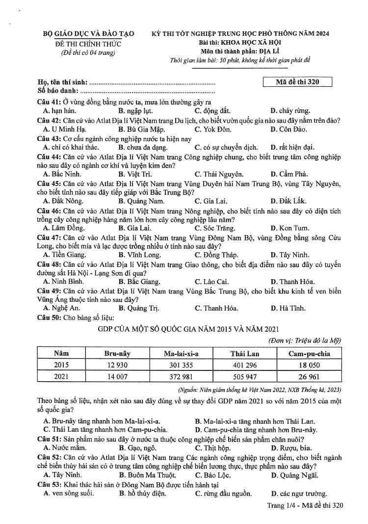 Đáp án đề thi môn Địa mã đề 320 - Tốt nghiệp THPT 2024