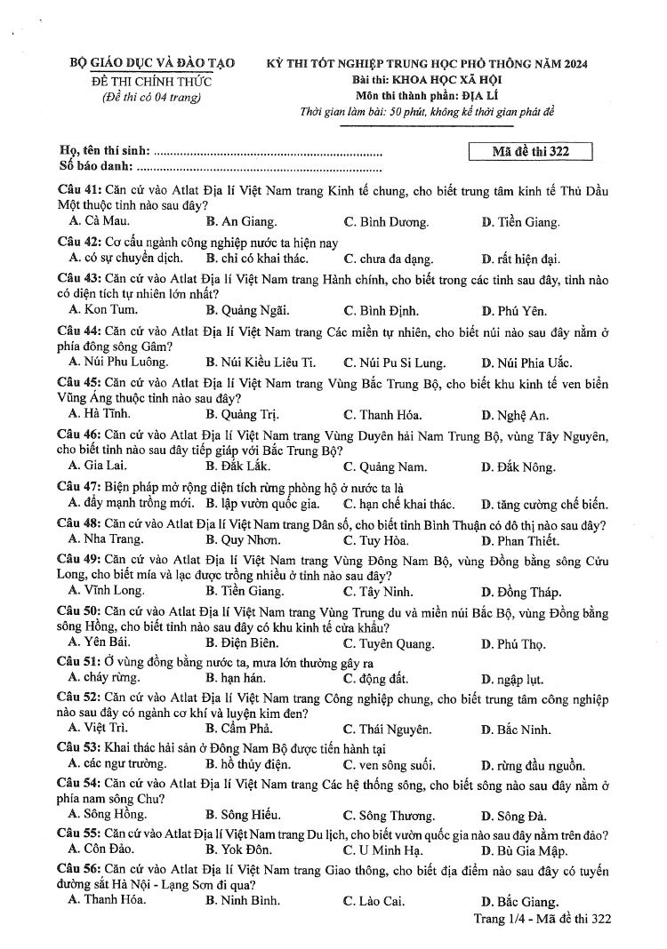 Đáp án đề thi môn Địa mã đề 322 - Tốt nghiệp THPT 2024