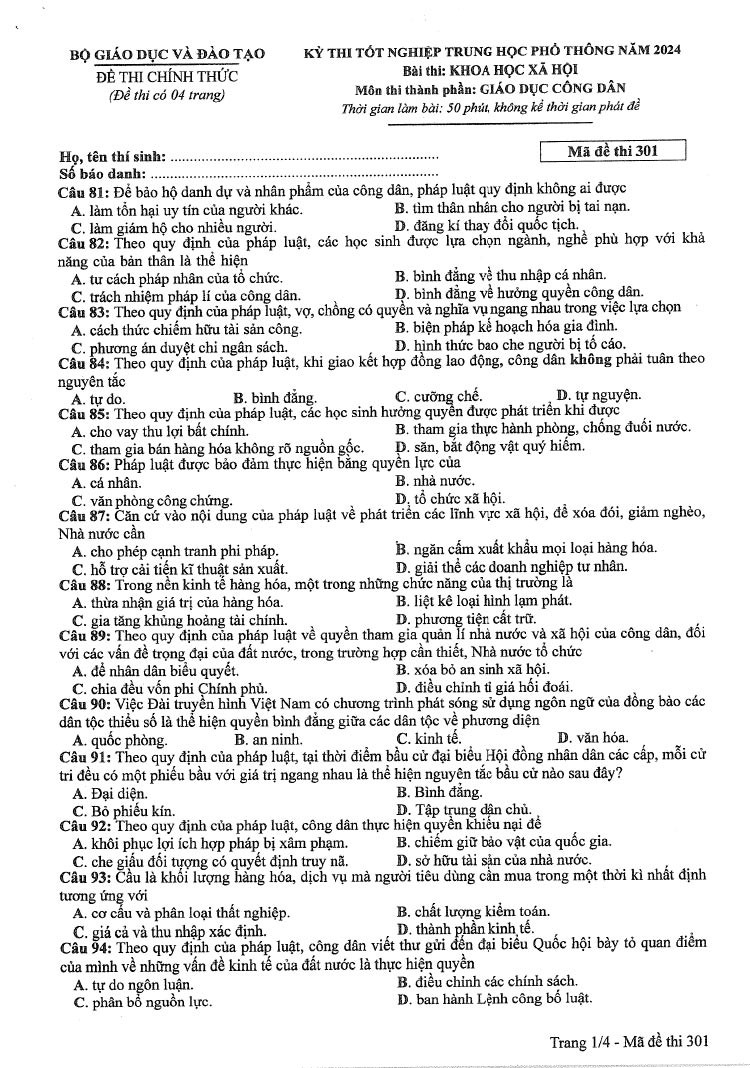 Đáp án đề thi môn Giáo Dục Công Dân mã đề 301 - Tốt nghiệp THPT 2024