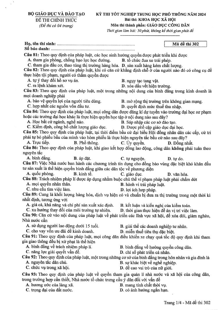 Đáp án đề thi môn Giáo Dục Công Dân mã đề 302 - Tốt nghiệp THPT 2024