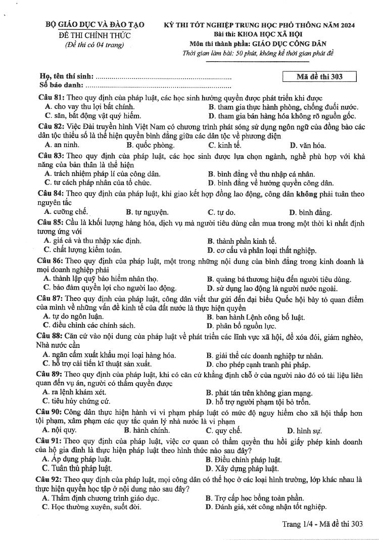 Đáp án đề thi môn Giáo Dục Công Dân mã đề 303 - Tốt nghiệp THPT 2024