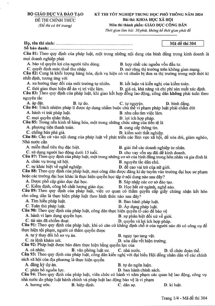 Đáp án đề thi môn Giáo Dục Công Dân mã đề 304 - Tốt nghiệp THPT 2024