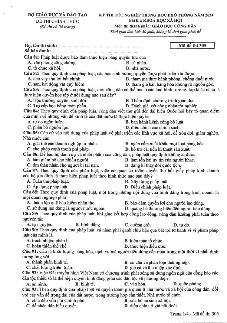 Đáp án đề thi môn Giáo Dục Công Dân mã đề 305 - Tốt nghiệp THPT 2024
