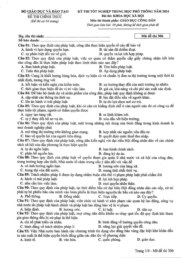 Đáp án đề thi môn Giáo Dục Công Dân mã đề 306 - Tốt nghiệp THPT 2024