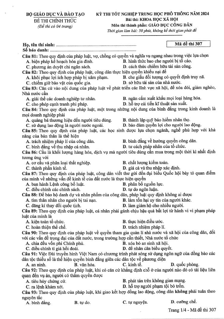 Đáp án đề thi môn Giáo Dục Công Dân mã đề 307 - Tốt nghiệp THPT 2024