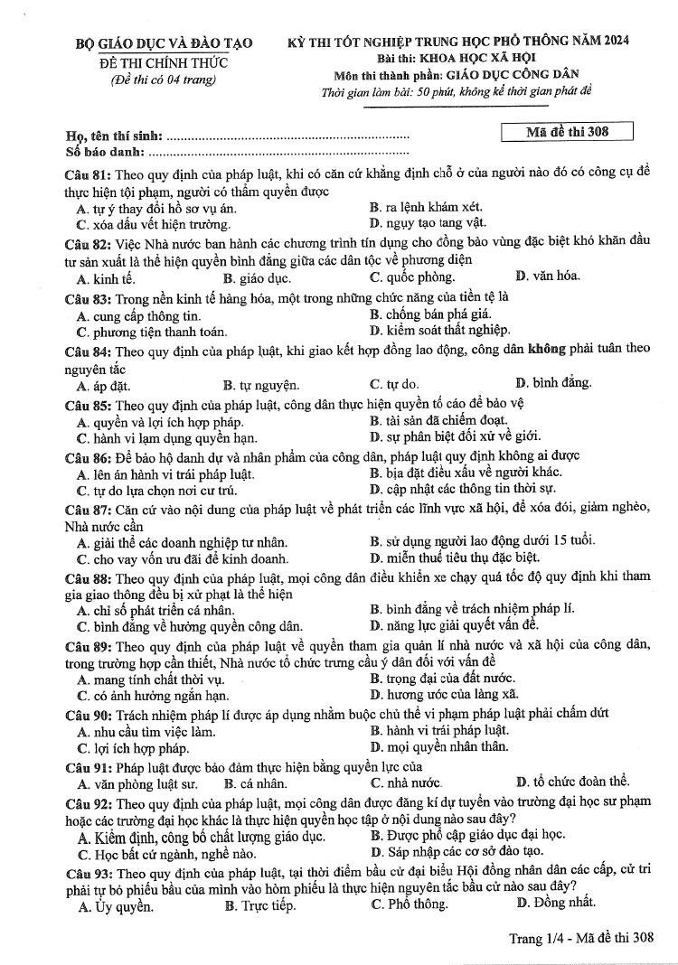 Đáp án đề thi môn Giáo Dục Công Dân mã đề 308 - Tốt nghiệp THPT 2024