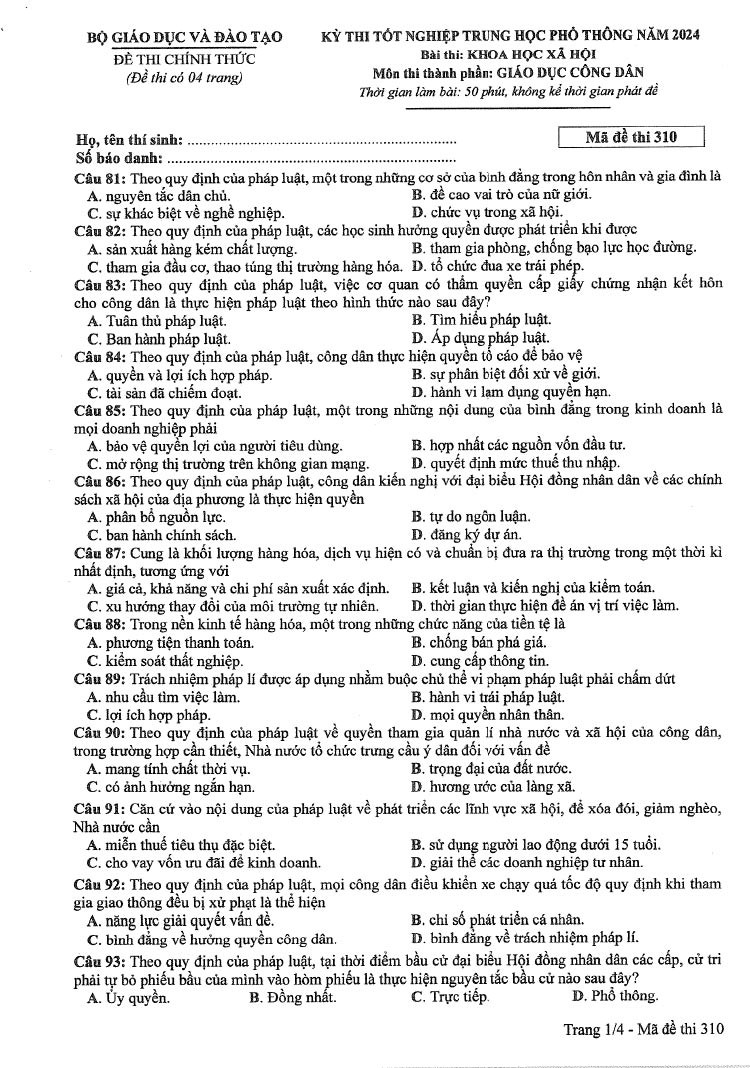 Đáp án đề thi môn Giáo Dục Công Dân mã đề 310 - Tốt nghiệp THPT 2024