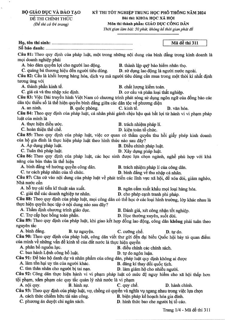 Đáp án đề thi môn Giáo Dục Công Dân mã đề 311 - Tốt nghiệp THPT 2024