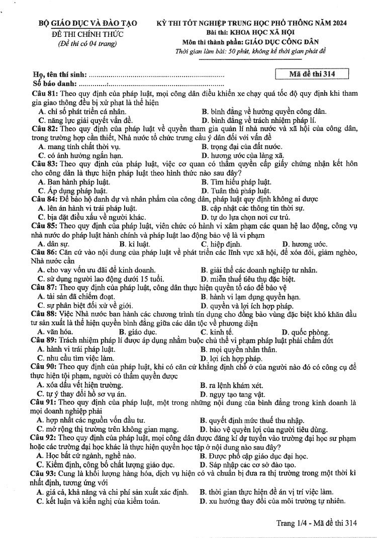Đáp án đề thi môn Giáo Dục Công Dân mã đề 314 - Tốt nghiệp THPT 2024