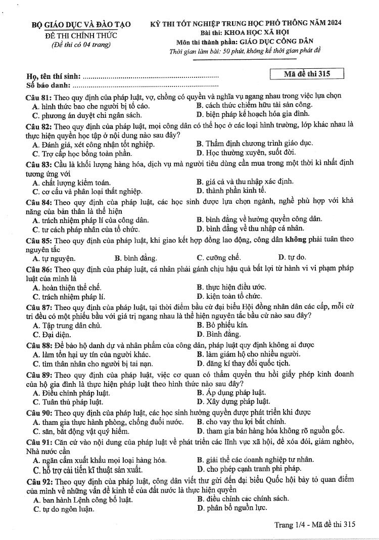 Đáp án đề thi môn Giáo Dục Công Dân mã đề 315 - Tốt nghiệp THPT 2024