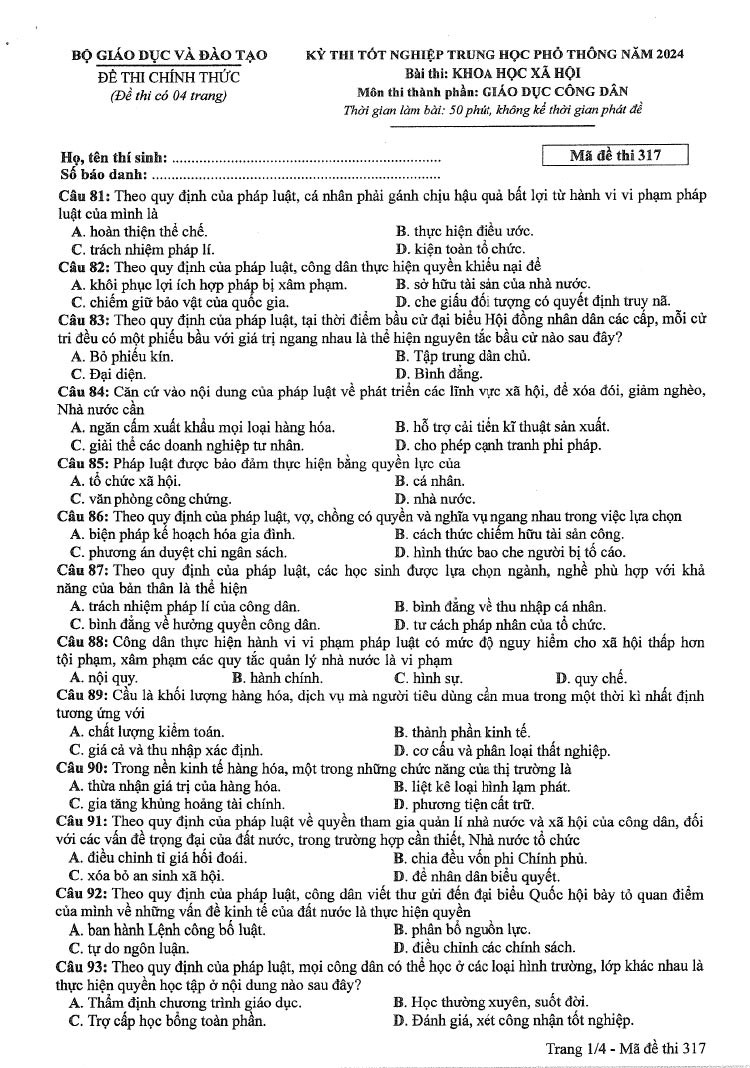 Đáp án đề thi môn Giáo Dục Công Dân mã đề 317 - Tốt nghiệp THPT 2024
