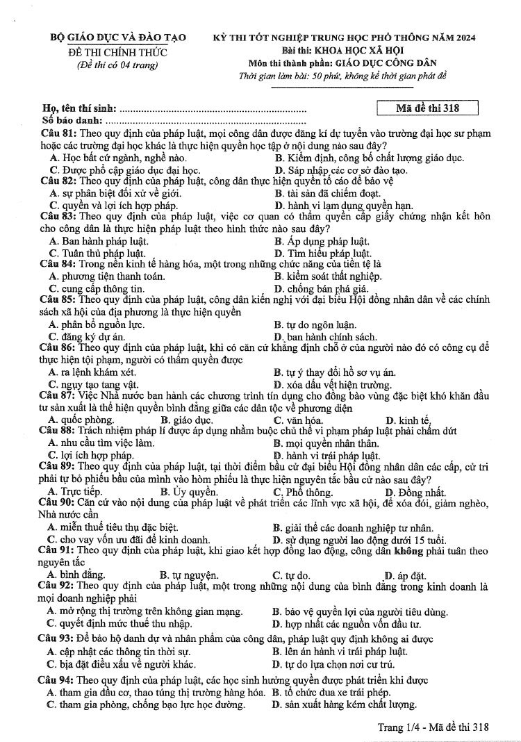 Đáp án đề thi môn Giáo Dục Công Dân mã đề 318 - Tốt nghiệp THPT 2024