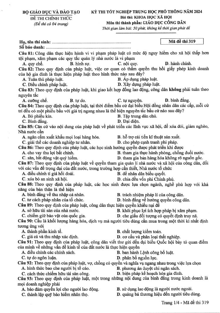 Đáp án đề thi môn Giáo Dục Công Dân mã đề 319 - Tốt nghiệp THPT 2024