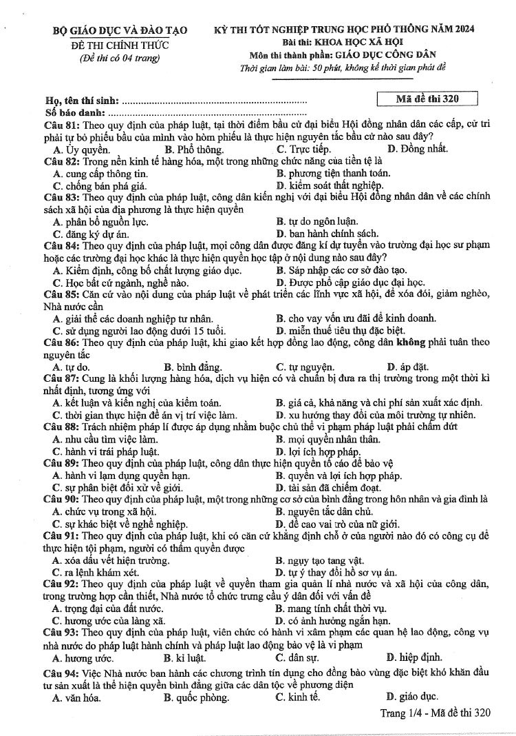 Đáp án đề thi môn Giáo Dục Công Dân mã đề 320 - Tốt nghiệp THPT 2024
