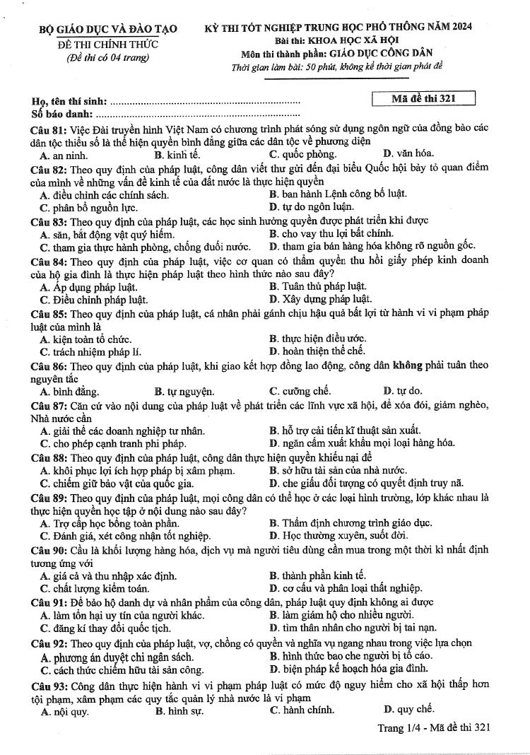 Đáp án đề thi môn Giáo Dục Công Dân mã đề 321 - Tốt nghiệp THPT 2024