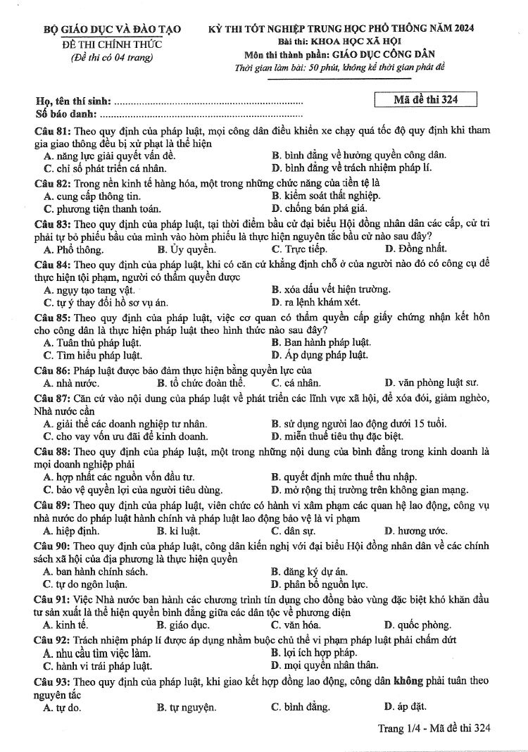 Đáp án đề thi môn Giáo Dục Công Dân mã đề 324 - Tốt nghiệp THPT 2024
