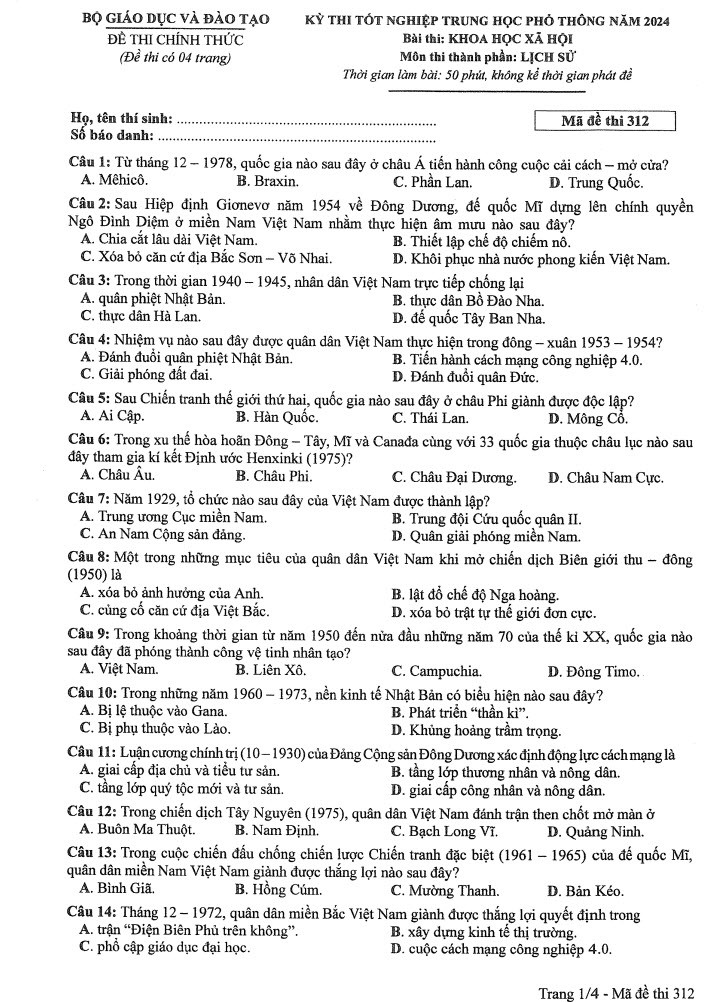 Đáp án đề thi môn Sử mã đề 312 - Tốt nghiệp THPT 2024
