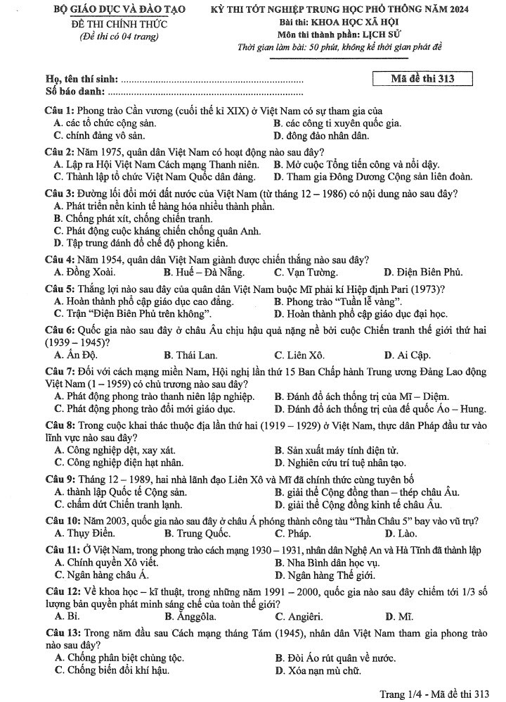 Đáp án đề thi môn Sử mã đề 313 - Tốt nghiệp THPT 2024