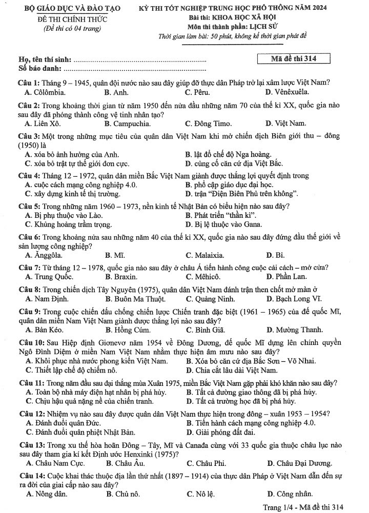 Đáp án đề thi môn Sử mã đề 314 - Tốt nghiệp THPT 2024