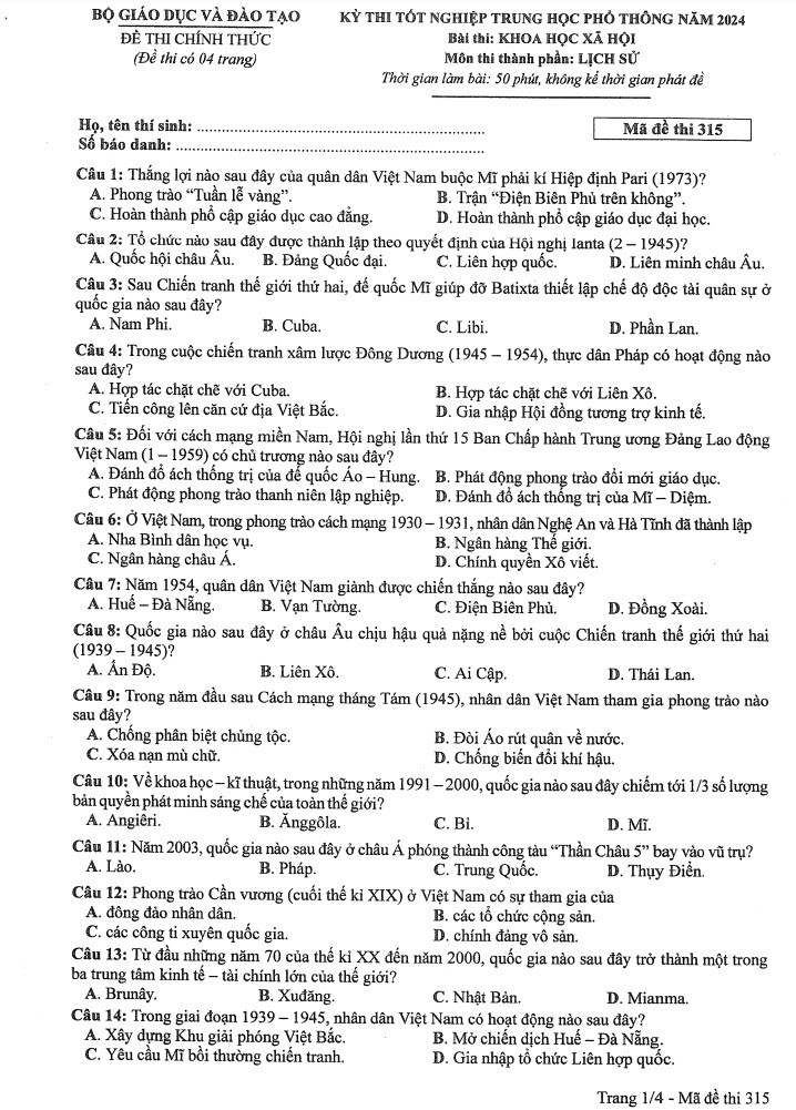 Đáp án đề thi môn Sử mã đề 315 - Tốt nghiệp THPT 2024