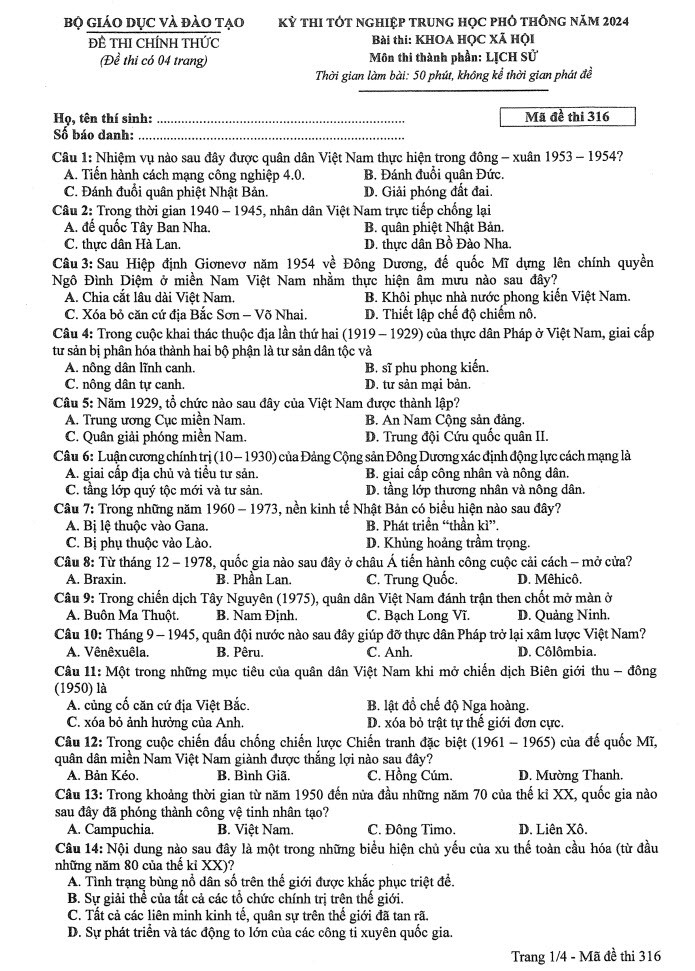 Đáp án đề thi môn Sử mã đề 316 - Tốt nghiệp THPT 2024