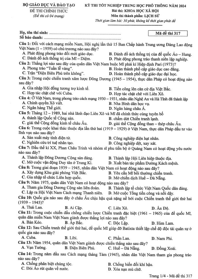 Đáp án đề thi môn Sử mã đề 317 - Tốt nghiệp THPT 2024