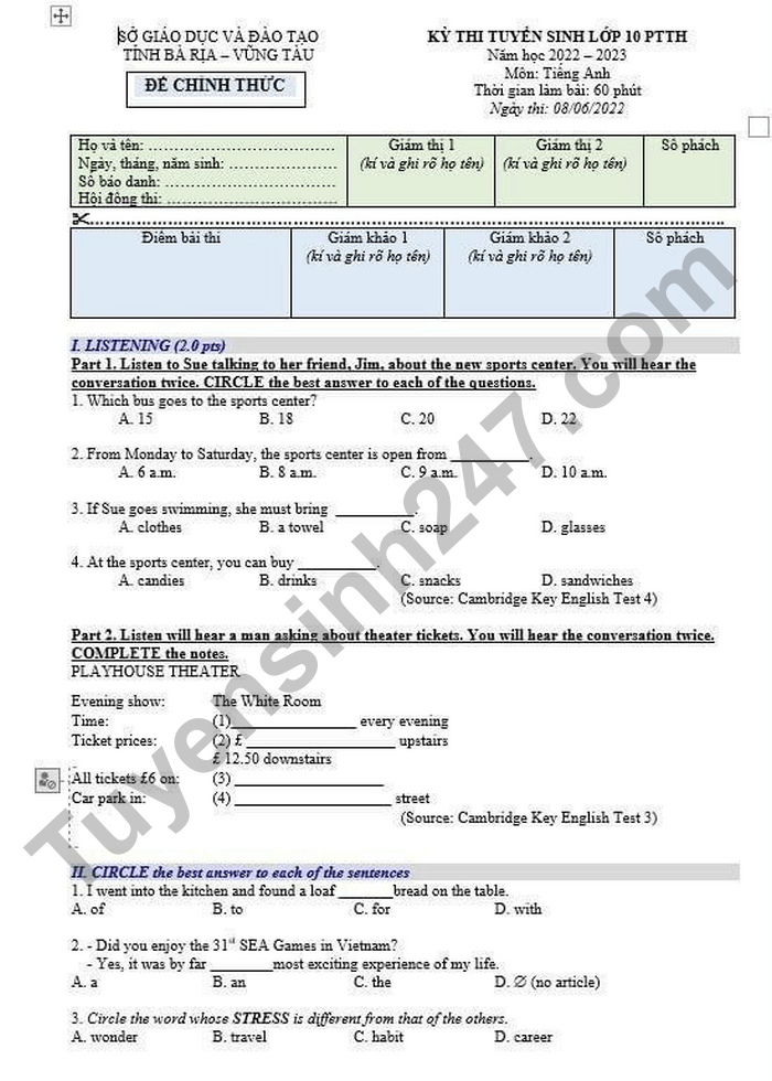 Đề thi chính thức vào 10 môn anh tỉnh Bà Rịa - Vũng Tàu năm 2022 có đáp án